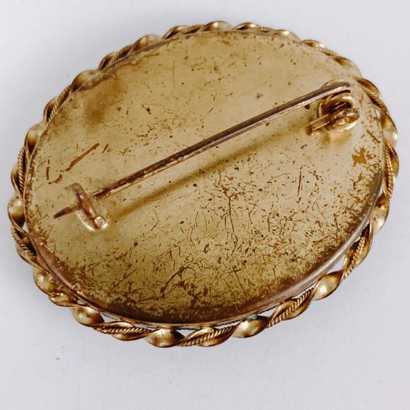 Vintage Italian Art Deco Micro Mosaic Brooch Floral Brass Oval C Clasp Pin 1930s - Picture 8 of 9